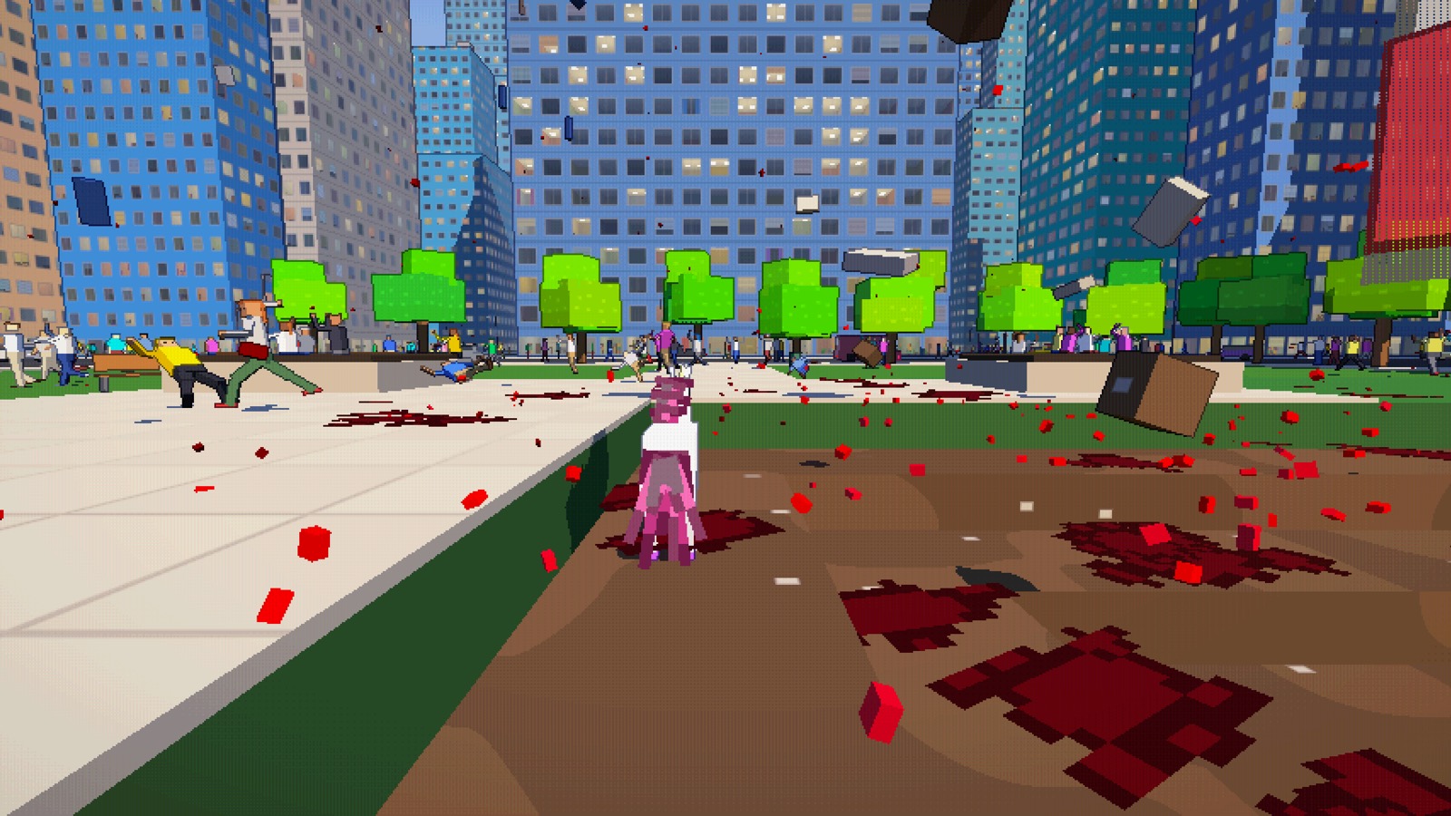 The unicorn standing in a fresh crater in the plaza lawn, debris and pedestrians flying