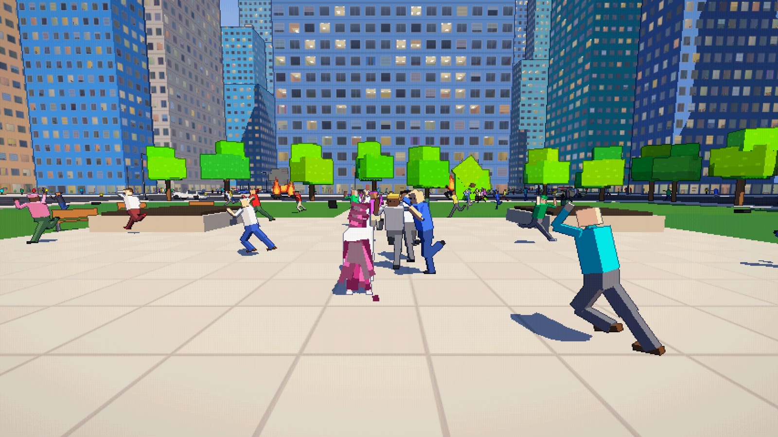 Pedestrians running across the plaza away from the unicorn while cars burn behind the trees
