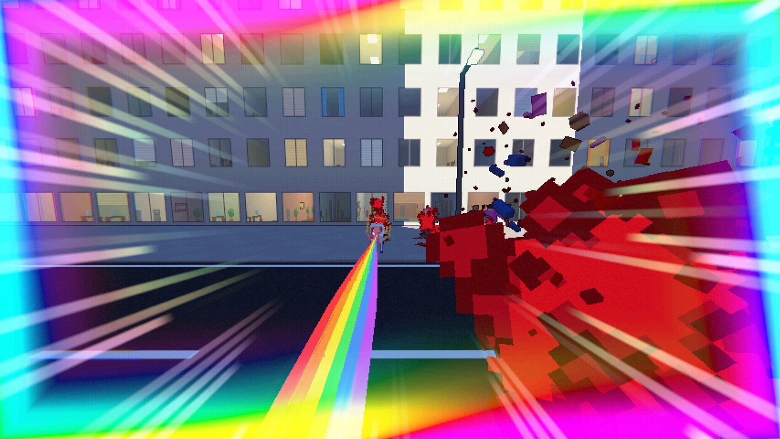 The unicorn in Rainbow mode, a rainbow trail streaming down the street as a pedestrian bursts into red pixels, screen edges glowing rainbow