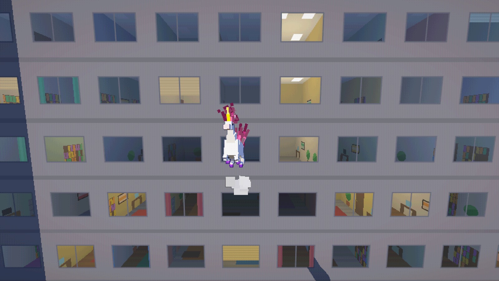 The unicorn galloping straight up an office tower past lit rooms behind the windows